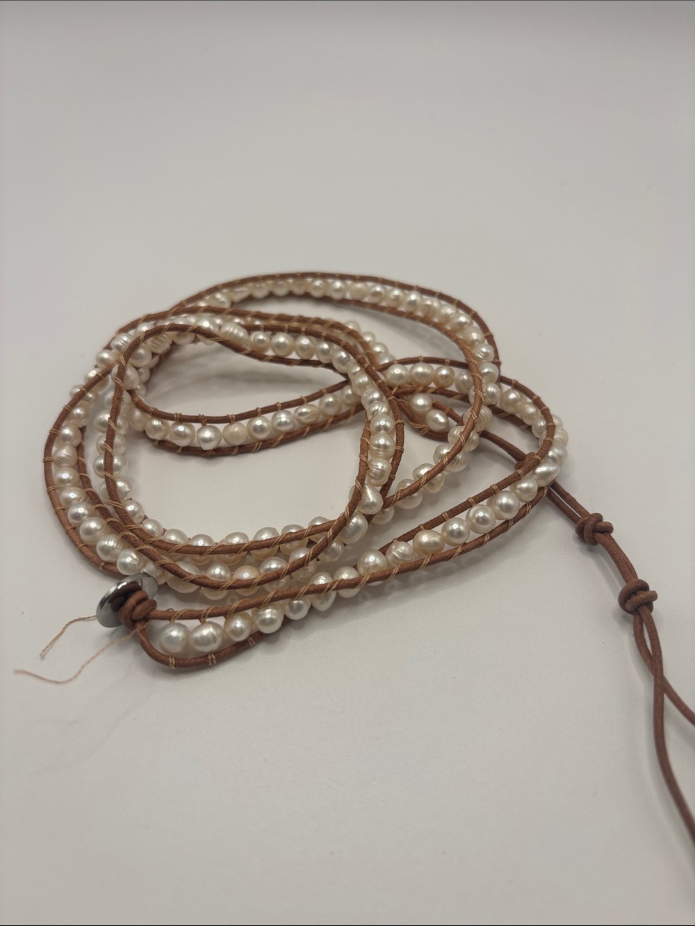 Victoria Emerson Pearl-Embellished Tan Leather Wrap Watch Bracelet